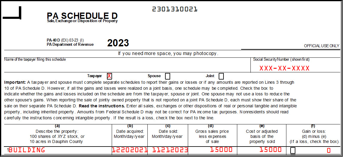 Image showing PA Schedule D produced with a zero gain/loss after being forced.